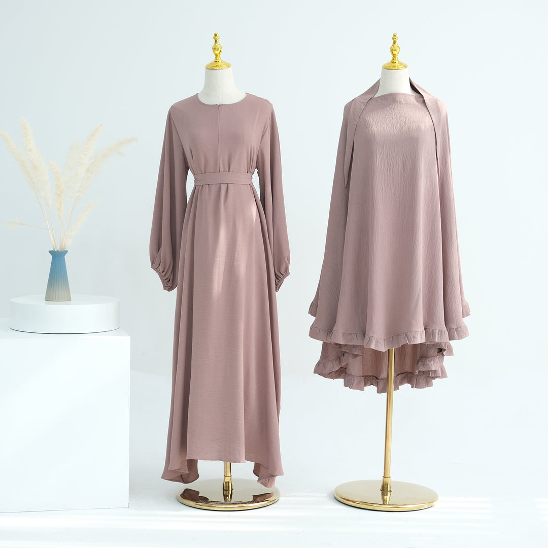 Get trendy with Essential Abaya Khimar Set - Latte -  available at Voilee NY. Grab yours for $70 today!