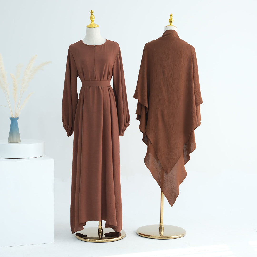 Get trendy with Essential Abaya Khimar Set - Brown -  available at Voilee NY. Grab yours for $70 today!