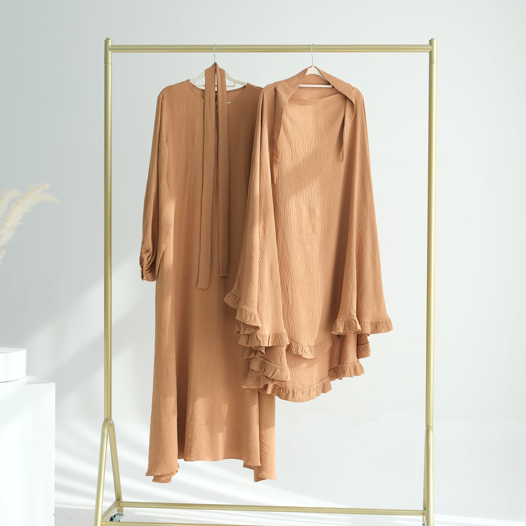 Get trendy with Essential Abaya Khimar Set - Camel -  available at Voilee NY. Grab yours for $70 today!