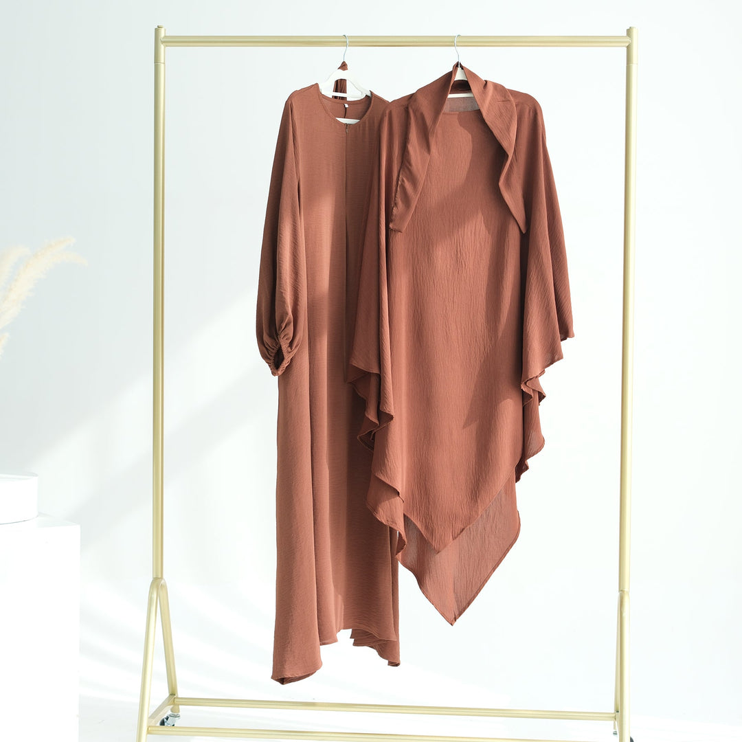 Get trendy with Essential Abaya Khimar Set - Brown -  available at Voilee NY. Grab yours for $70 today!