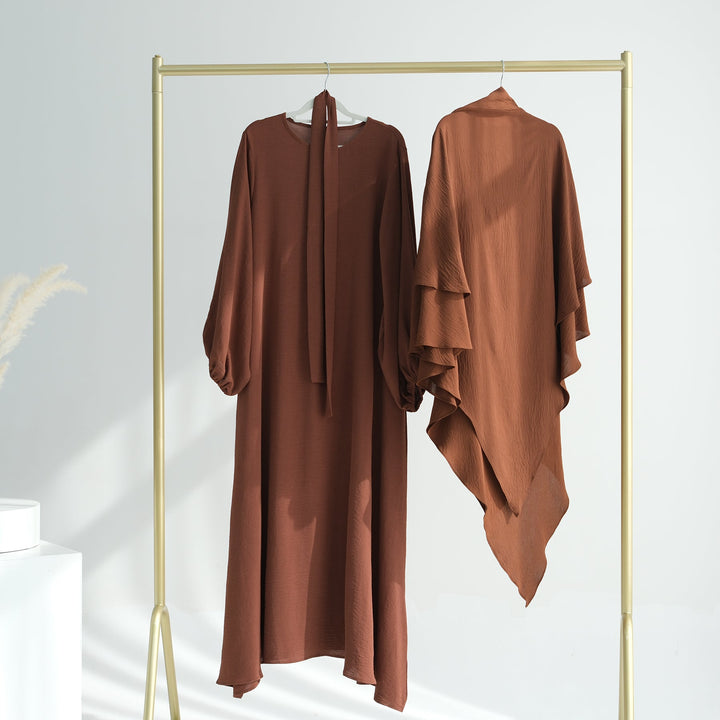 Get trendy with Essential Abaya Khimar Set - Brown -  available at Voilee NY. Grab yours for $70 today!
