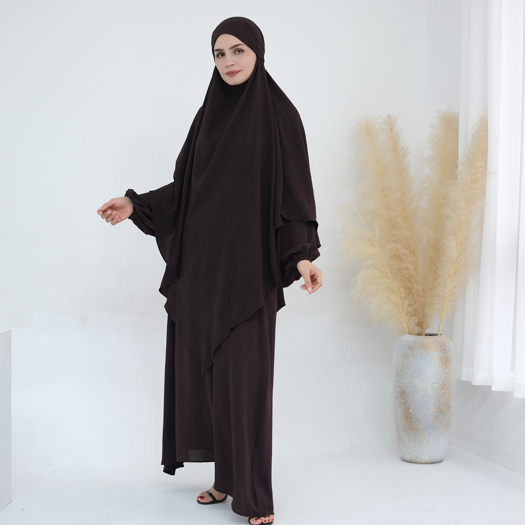 Get trendy with Essential Abaya Khimar Set - Coffee -  available at Voilee NY. Grab yours for $70 today!