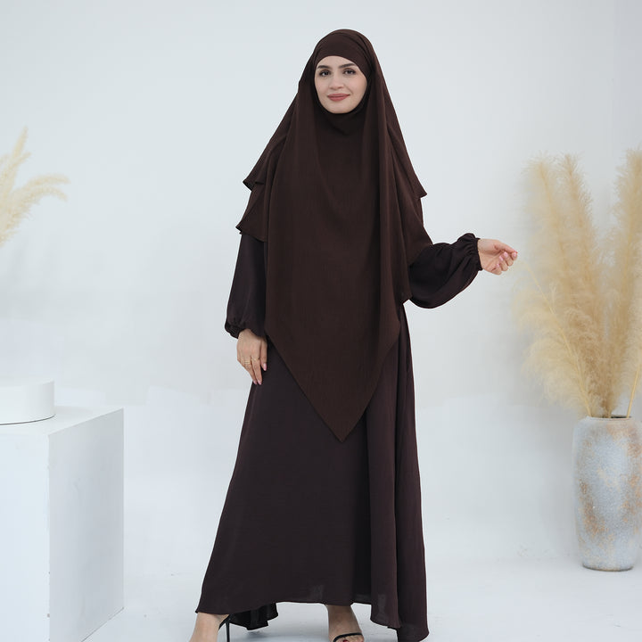 Get trendy with Essential Abaya Khimar Set - Coffee -  available at Voilee NY. Grab yours for $70 today!