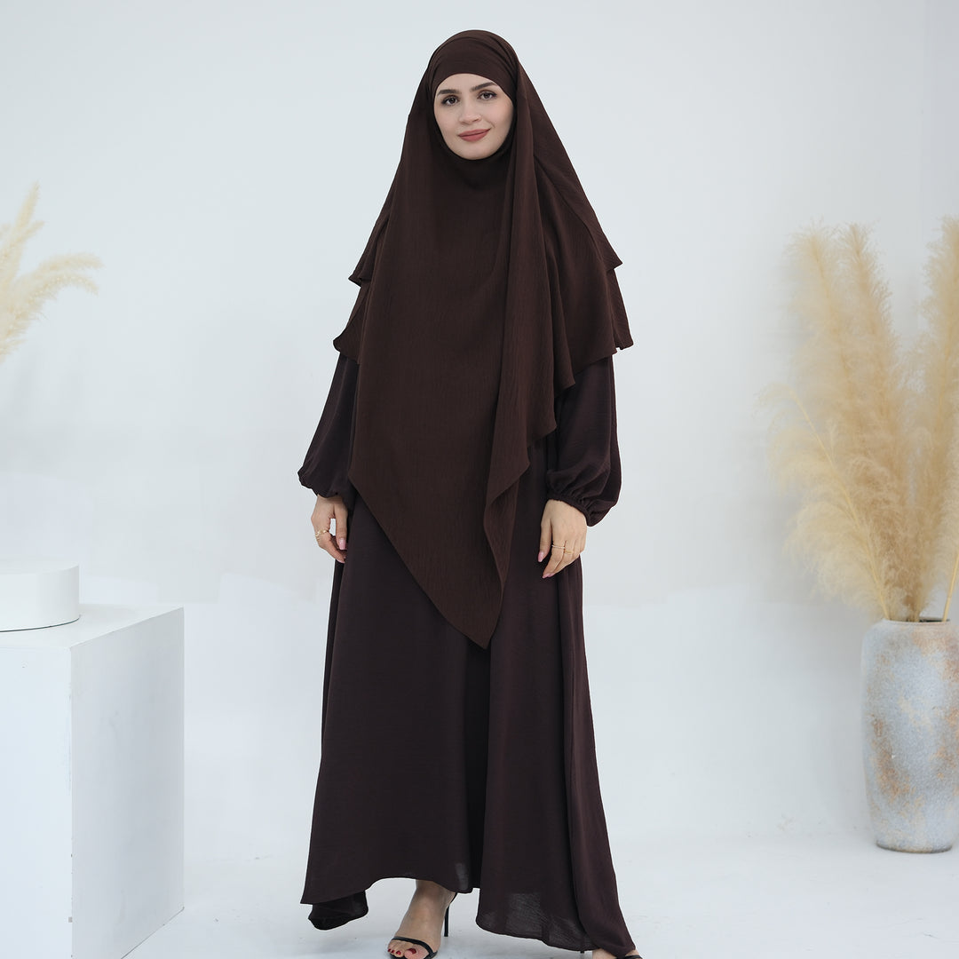 Get trendy with Essential Abaya Khimar Set - Coffee -  available at Voilee NY. Grab yours for $70 today!