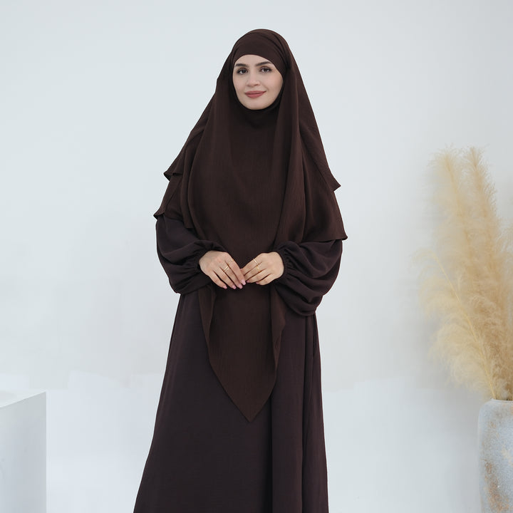 Get trendy with Essential Abaya Khimar Set - Coffee -  available at Voilee NY. Grab yours for $70 today!