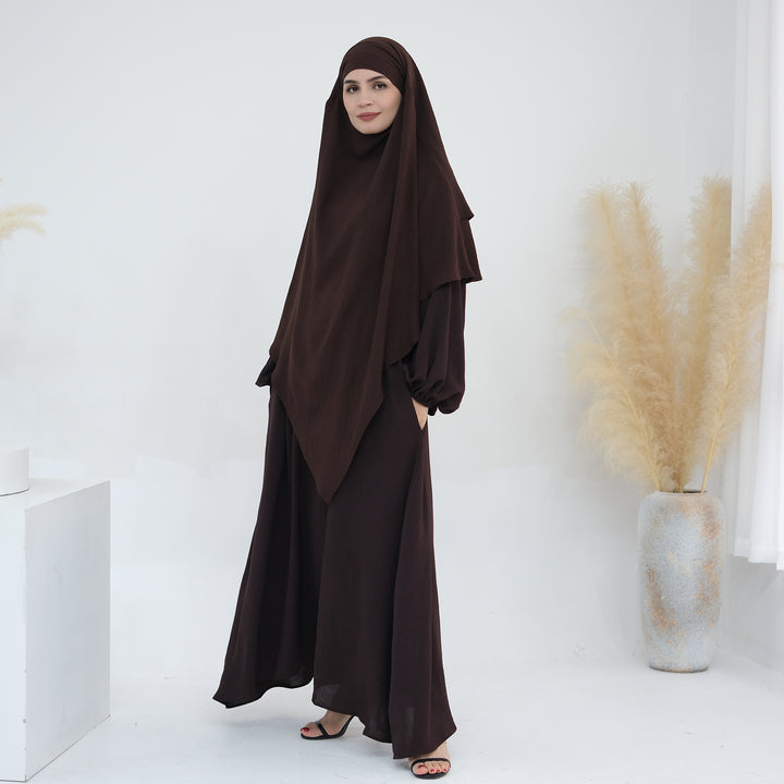 Get trendy with Essential Abaya Khimar Set - Coffee -  available at Voilee NY. Grab yours for $70 today!