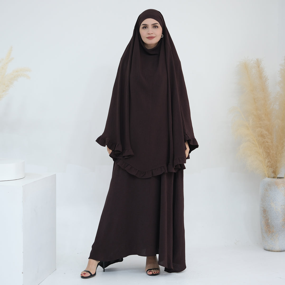 Get trendy with Essential Abaya Khimar Set - Coffee -  available at Voilee NY. Grab yours for $70 today!