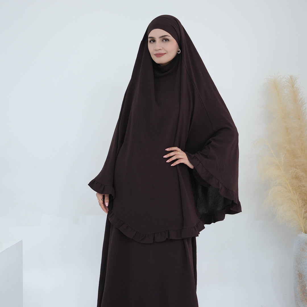 Get trendy with Essential Abaya Khimar Set - Coffee -  available at Voilee NY. Grab yours for $70 today!