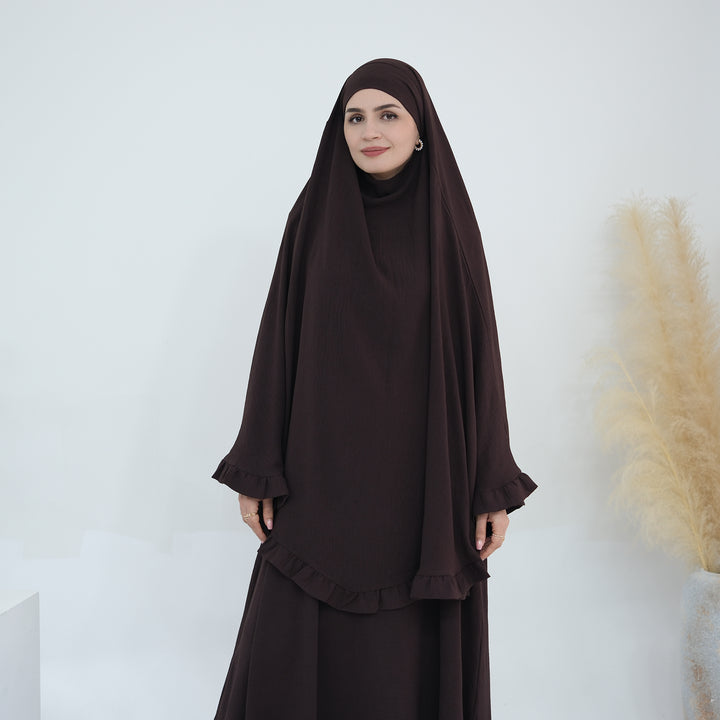 Get trendy with Essential Abaya Khimar Set - Coffee -  available at Voilee NY. Grab yours for $70 today!