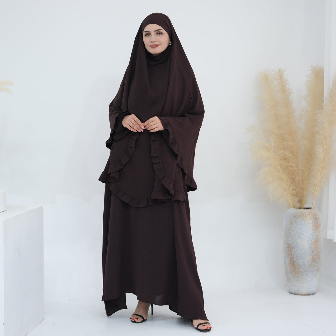 Get trendy with Essential Abaya Khimar Set - Coffee -  available at Voilee NY. Grab yours for $70 today!