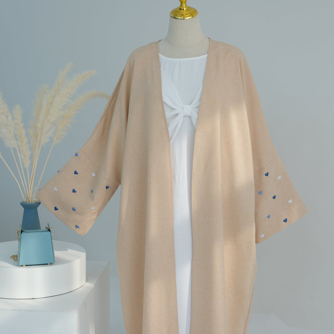 Get trendy with Amna Cotton Linen Mix Duster - Eggnog Blue Heart -  available at Voilee NY. Grab yours for $64.90 today!