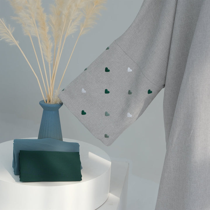 Get trendy with Amna Cotton Linen Mix Duster - Gray Green Heart -  available at Voilee NY. Grab yours for $64.90 today!