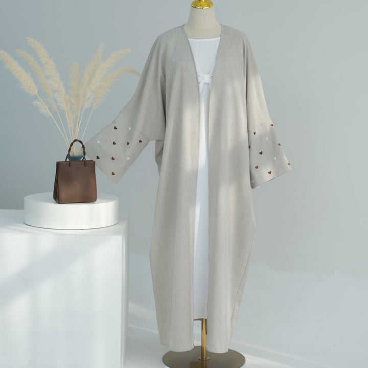 Get trendy with Amna Cotton Linen Mix Duster - Dove Brown Heart -  available at Voilee NY. Grab yours for $64.90 today!