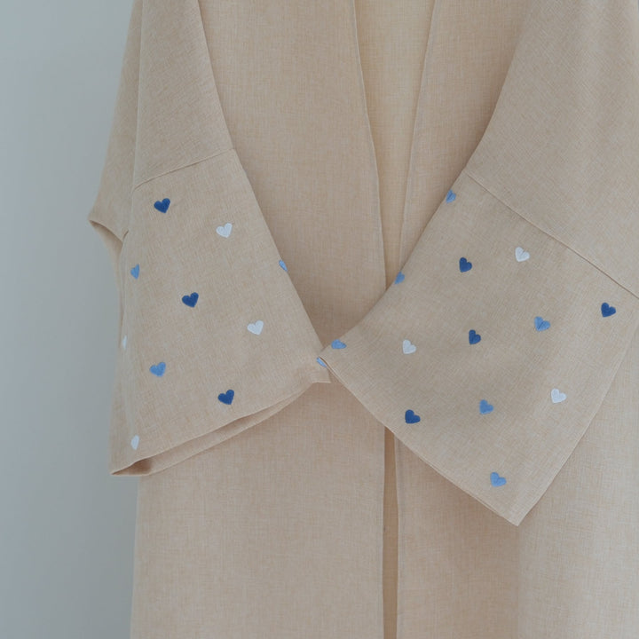 Get trendy with Amna Cotton Linen Mix Duster - Eggnog Blue Heart -  available at Voilee NY. Grab yours for $64.90 today!