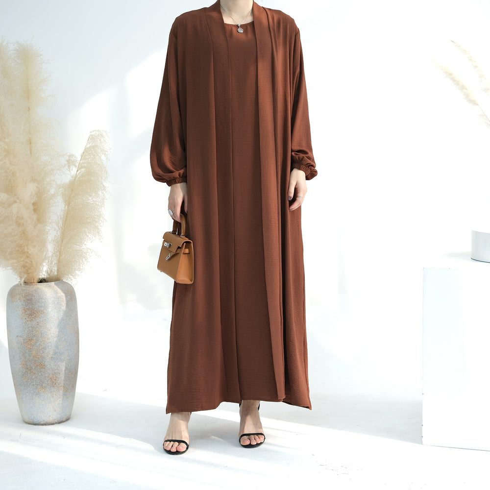 Get trendy with Lareina 3-piece Abaya Set - Brown -  available at Voilee NY. Grab yours for $59.90 today!