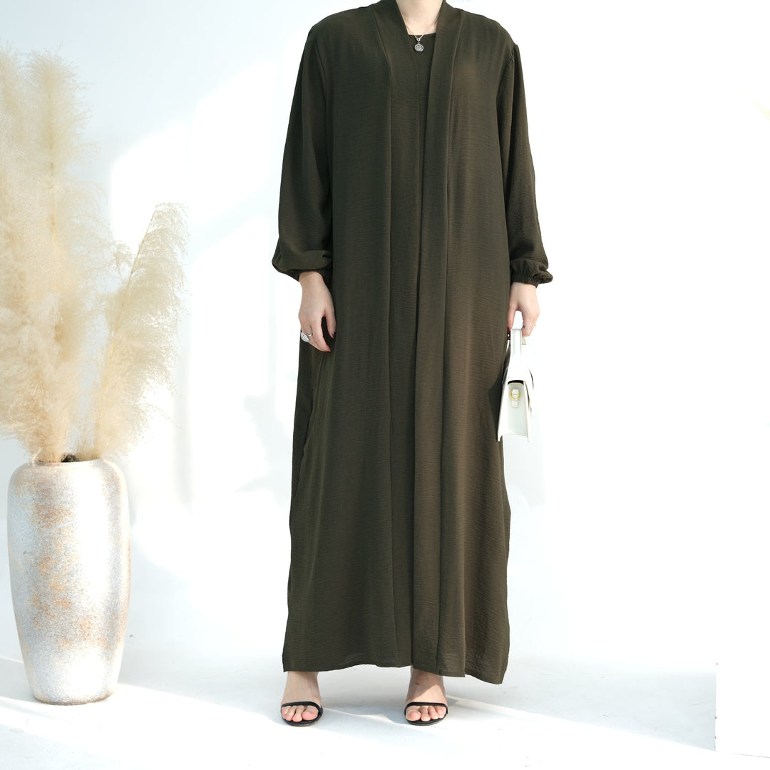 Get trendy with Lareina 3-piece Abaya Set - Olive Green -  available at Voilee NY. Grab yours for $59.90 today!