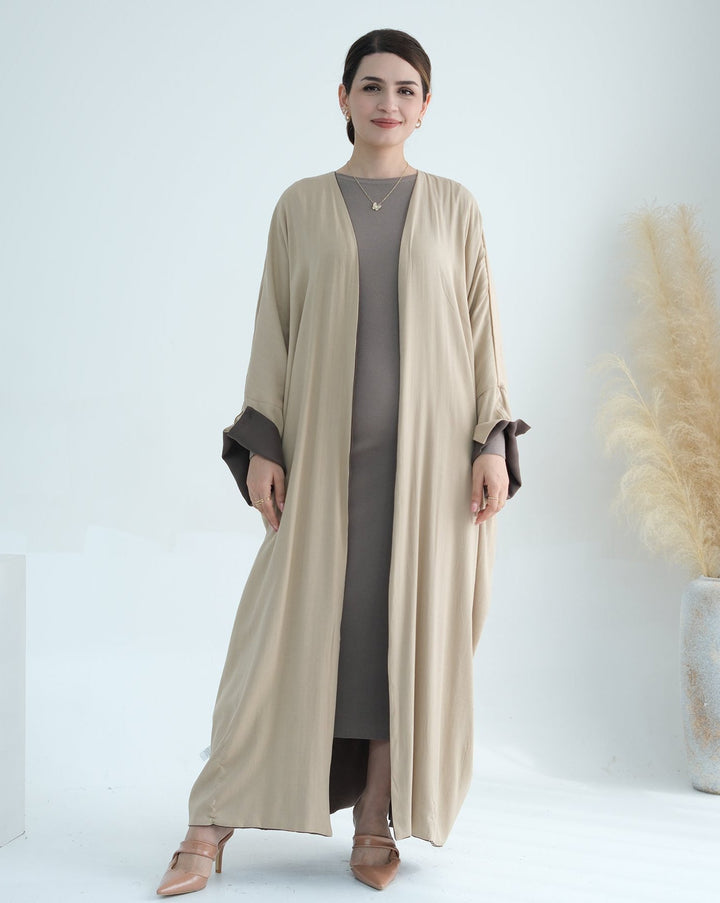 Get trendy with Nyla Reversible Abaya Kimono - Beige Brown - Cardigan available at Voilee NY. Grab yours for $64.90 today!