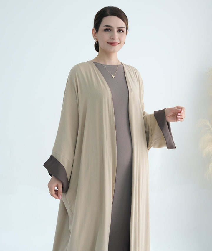 Get trendy with Nyla Reversible Abaya Kimono - Beige Brown - Cardigan available at Voilee NY. Grab yours for $64.90 today!