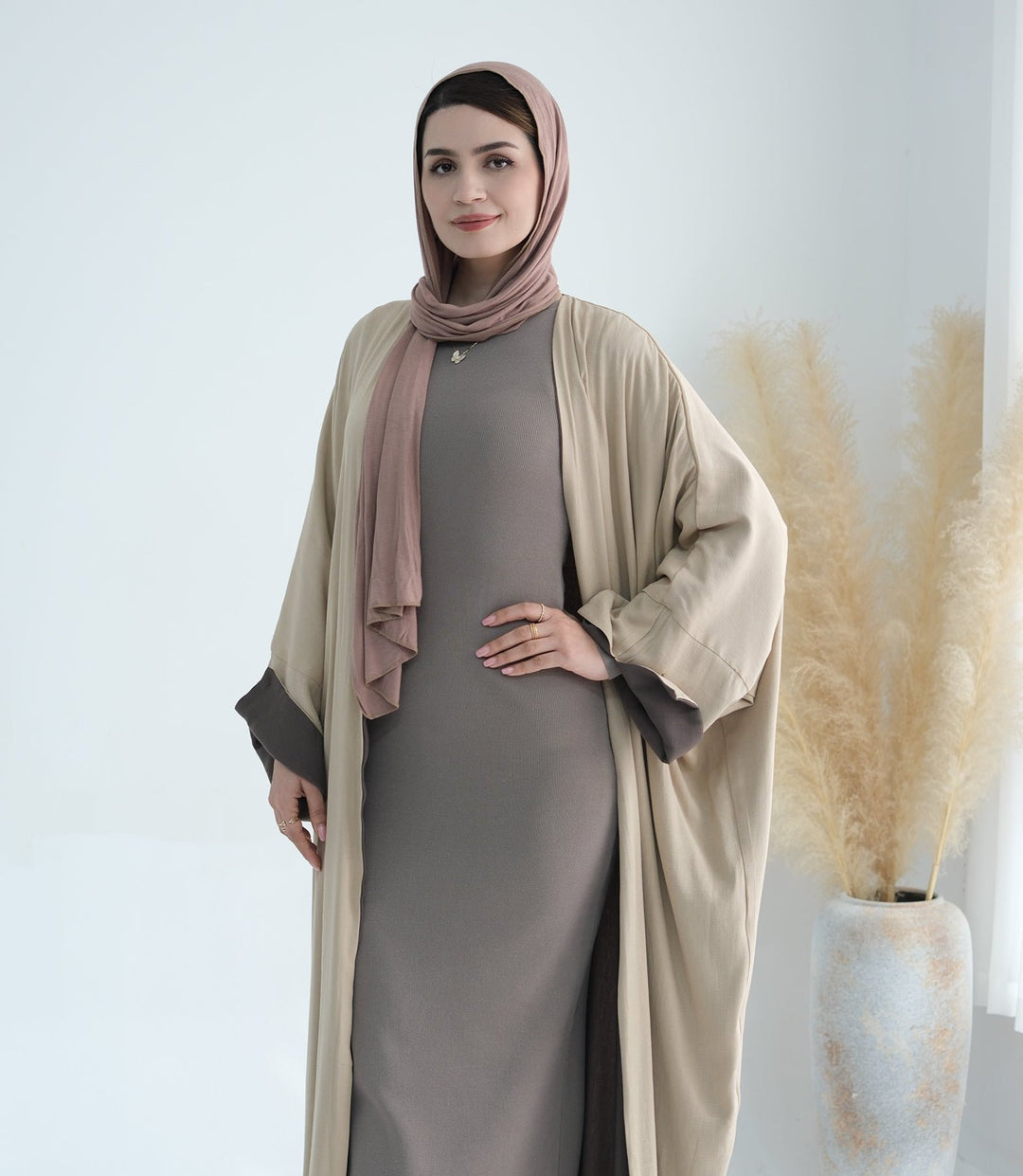 Get trendy with Nyla Reversible Abaya Kimono - Beige Brown - Cardigan available at Voilee NY. Grab yours for $64.90 today!