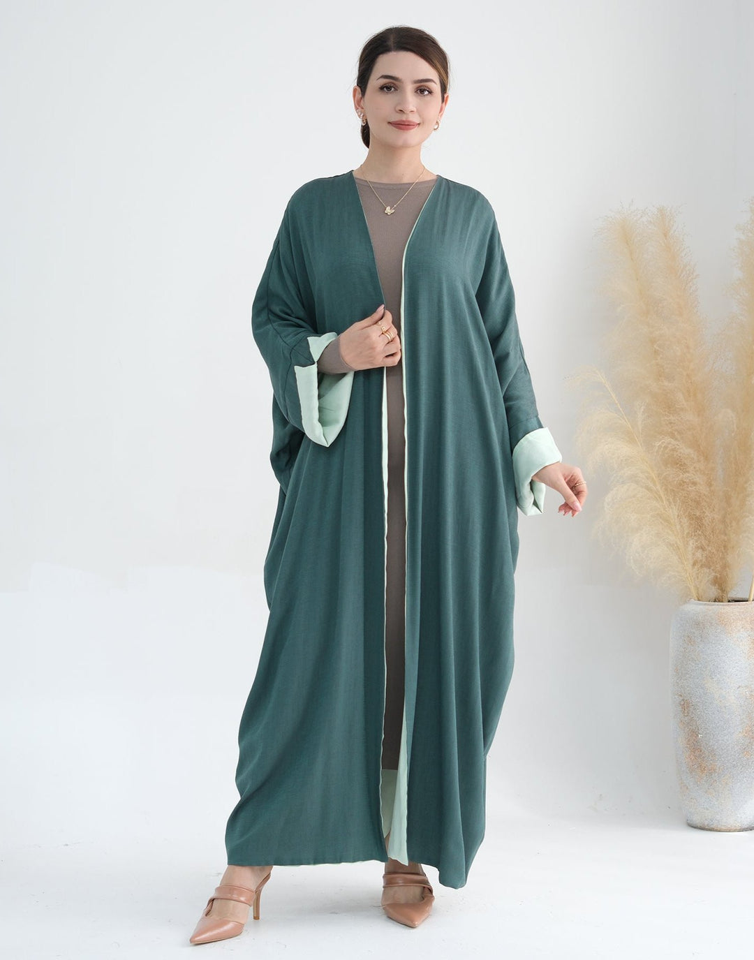 Get trendy with Nyla Reversible Abaya Kimono - Mint Green - Cardigan available at Voilee NY. Grab yours for $64.90 today!