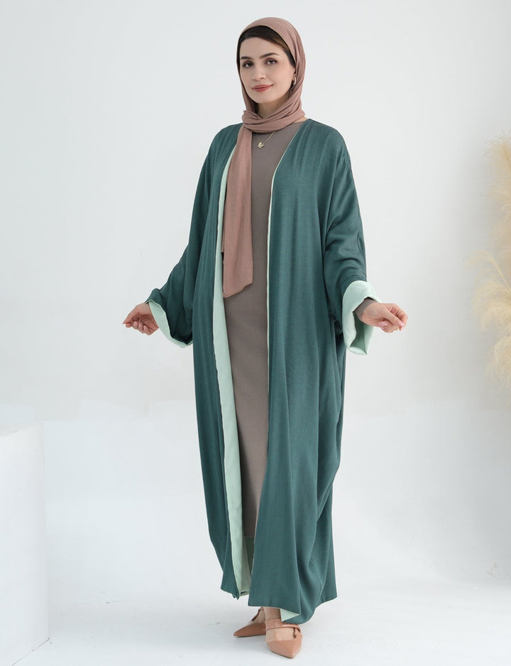 Get trendy with Nyla Reversible Abaya Kimono - Mint Green - Cardigan available at Voilee NY. Grab yours for $64.90 today!