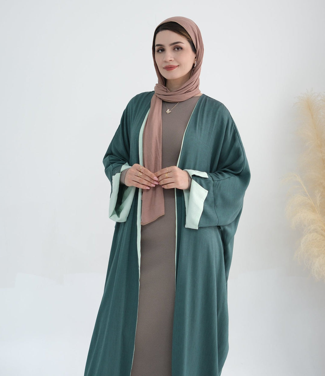 Get trendy with Nyla Reversible Abaya Kimono - Mint Green - Cardigan available at Voilee NY. Grab yours for $64.90 today!