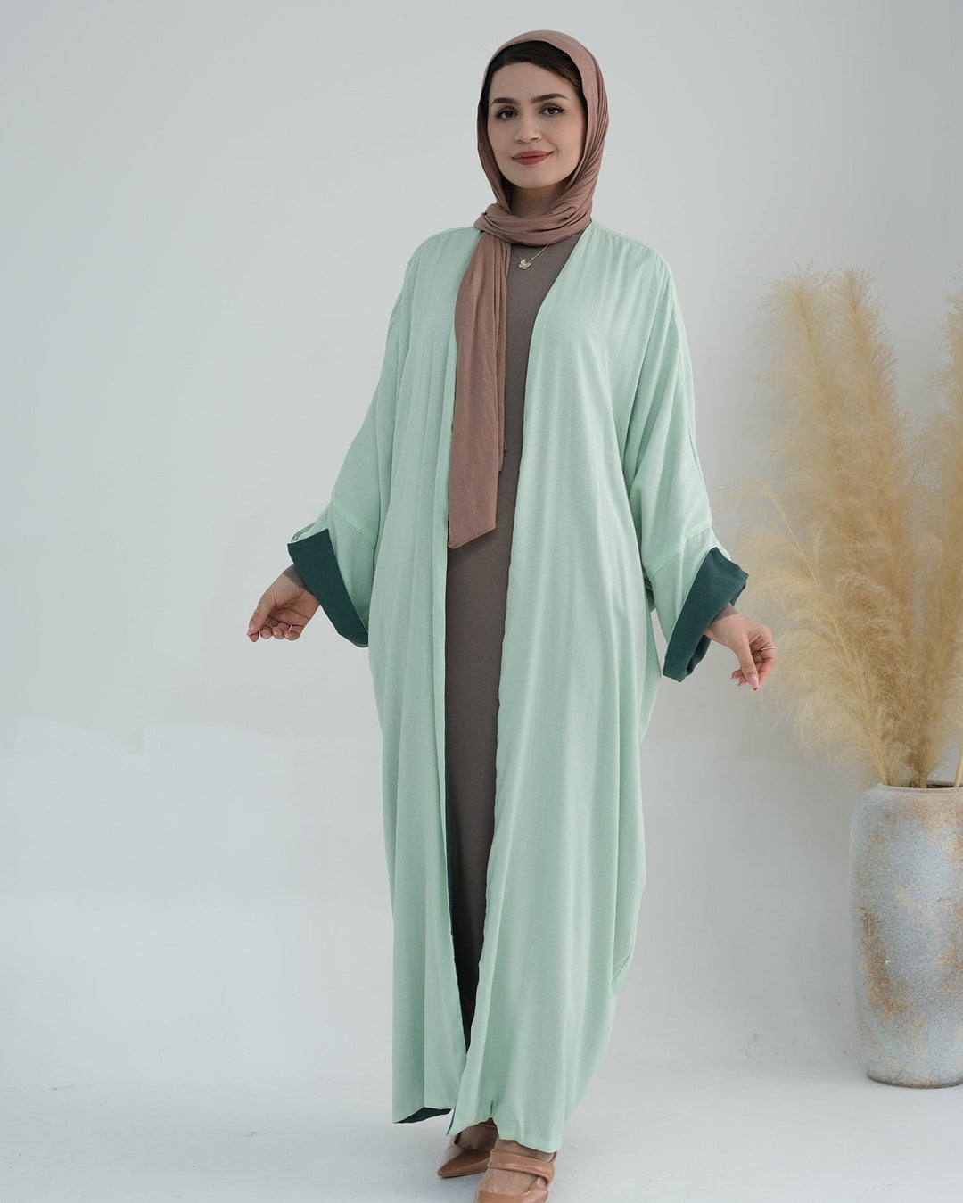 Get trendy with Nyla Reversible Abaya Kimono - Mint Green - Cardigan available at Voilee NY. Grab yours for $64.90 today!