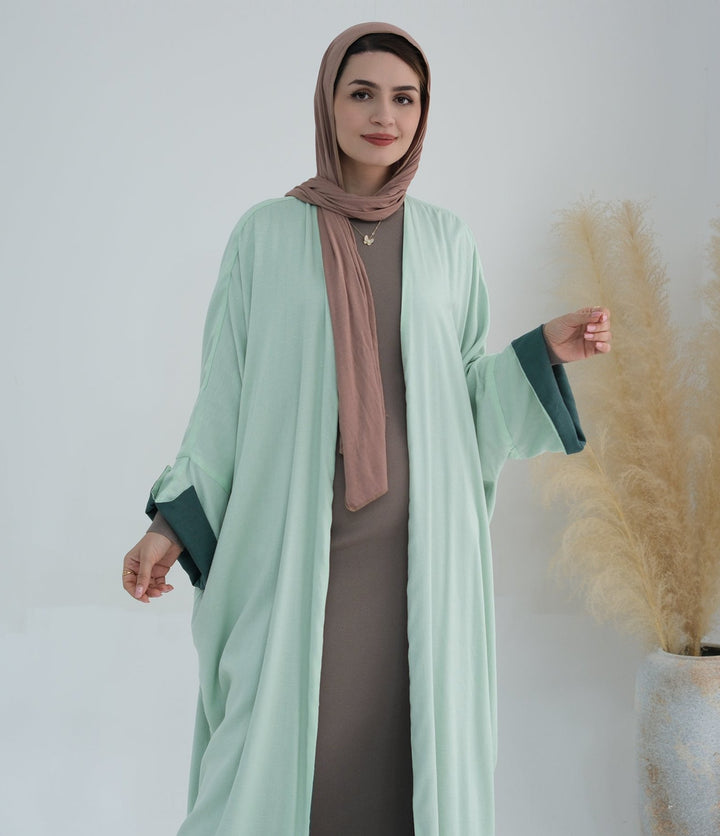 Get trendy with Nyla Reversible Abaya Kimono - Mint Green - Cardigan available at Voilee NY. Grab yours for $64.90 today!