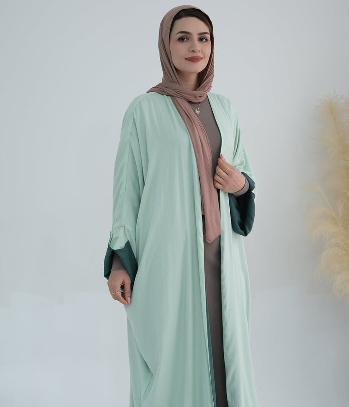 Get trendy with Nyla Reversible Abaya Kimono - Mint Green - Cardigan available at Voilee NY. Grab yours for $64.90 today!