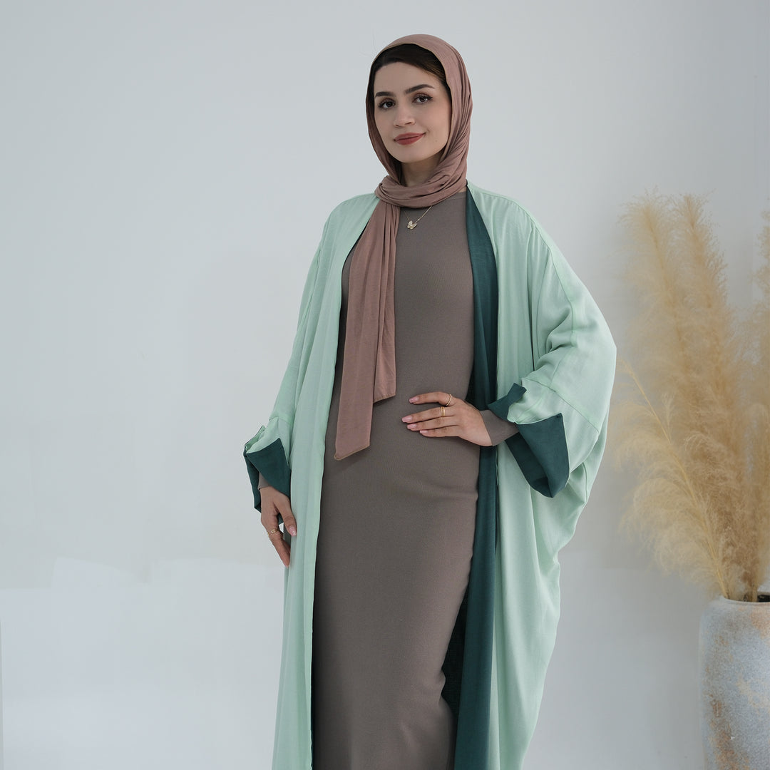 Get trendy with Nyla Reversible Abaya Kimono - Mint Green - Cardigan available at Voilee NY. Grab yours for $64.90 today!