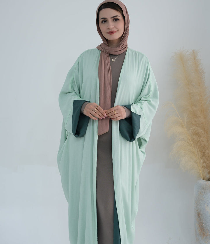 Get trendy with Nyla Reversible Abaya Kimono - Mint Green - Cardigan available at Voilee NY. Grab yours for $64.90 today!