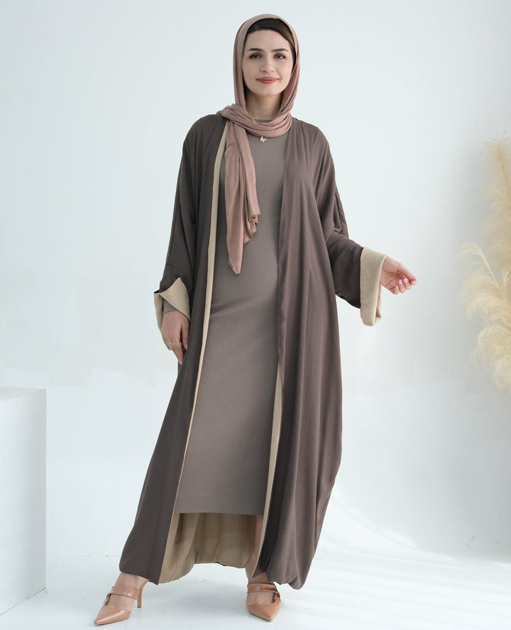 Get trendy with Nyla Reversible Abaya Kimono - Beige Brown - Cardigan available at Voilee NY. Grab yours for $64.90 today!