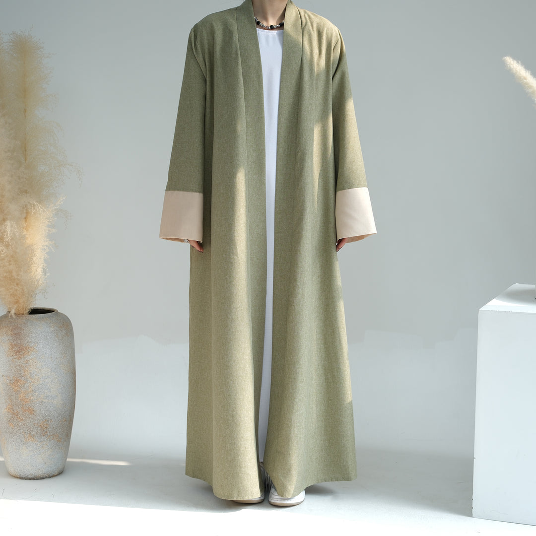 Get trendy with Sabrina Color-block Open Abaya - Sage - Cardigan available at Voilee NY. Grab yours for $54.90 today!