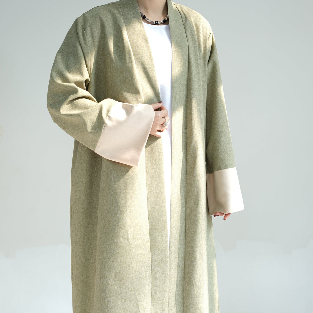Get trendy with Sabrina Color-block Open Abaya - Sage - Cardigan available at Voilee NY. Grab yours for $54.90 today!