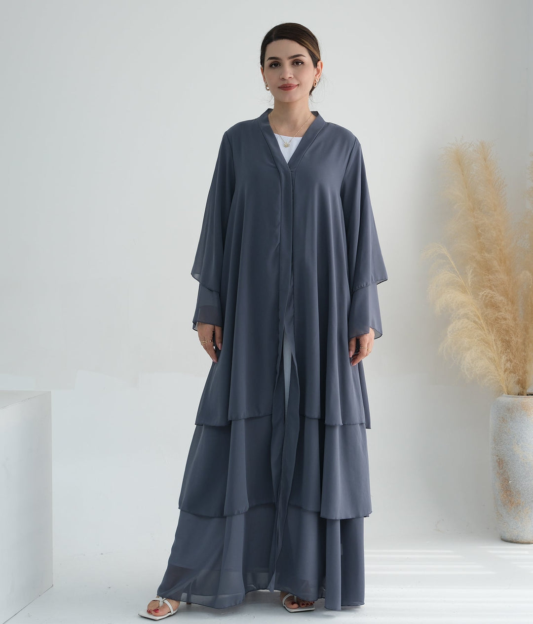 Get trendy with Zariah Layered Hem Chiffon Open Abaya - Gray - Cardigan available at Voilee NY. Grab yours for $69.90 today!