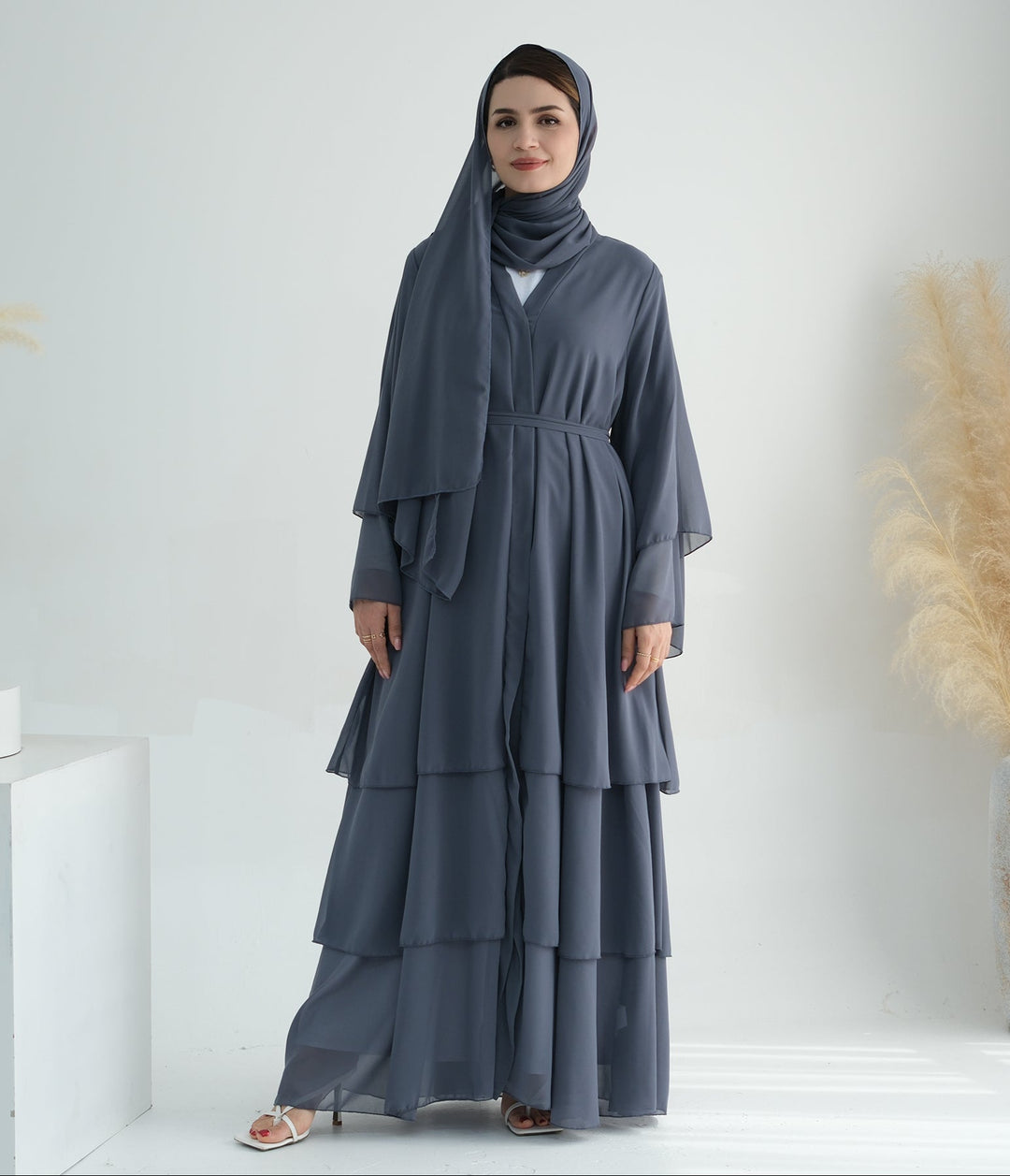 Get trendy with Zariah Layered Hem Chiffon Open Abaya - Gray - Cardigan available at Voilee NY. Grab yours for $69.90 today!