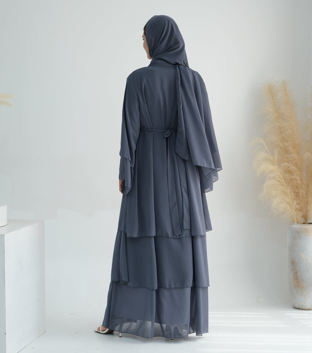 Get trendy with Zariah Layered Hem Chiffon Open Abaya - Gray - Cardigan available at Voilee NY. Grab yours for $69.90 today!