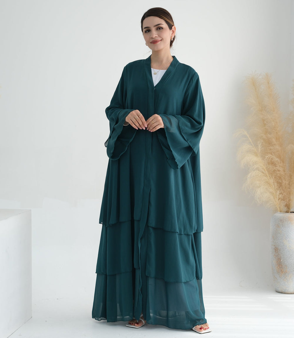 Get trendy with Zariah Layered Hem Chiffon Open Abaya - Teal - Cardigan available at Voilee NY. Grab yours for $69.90 today!