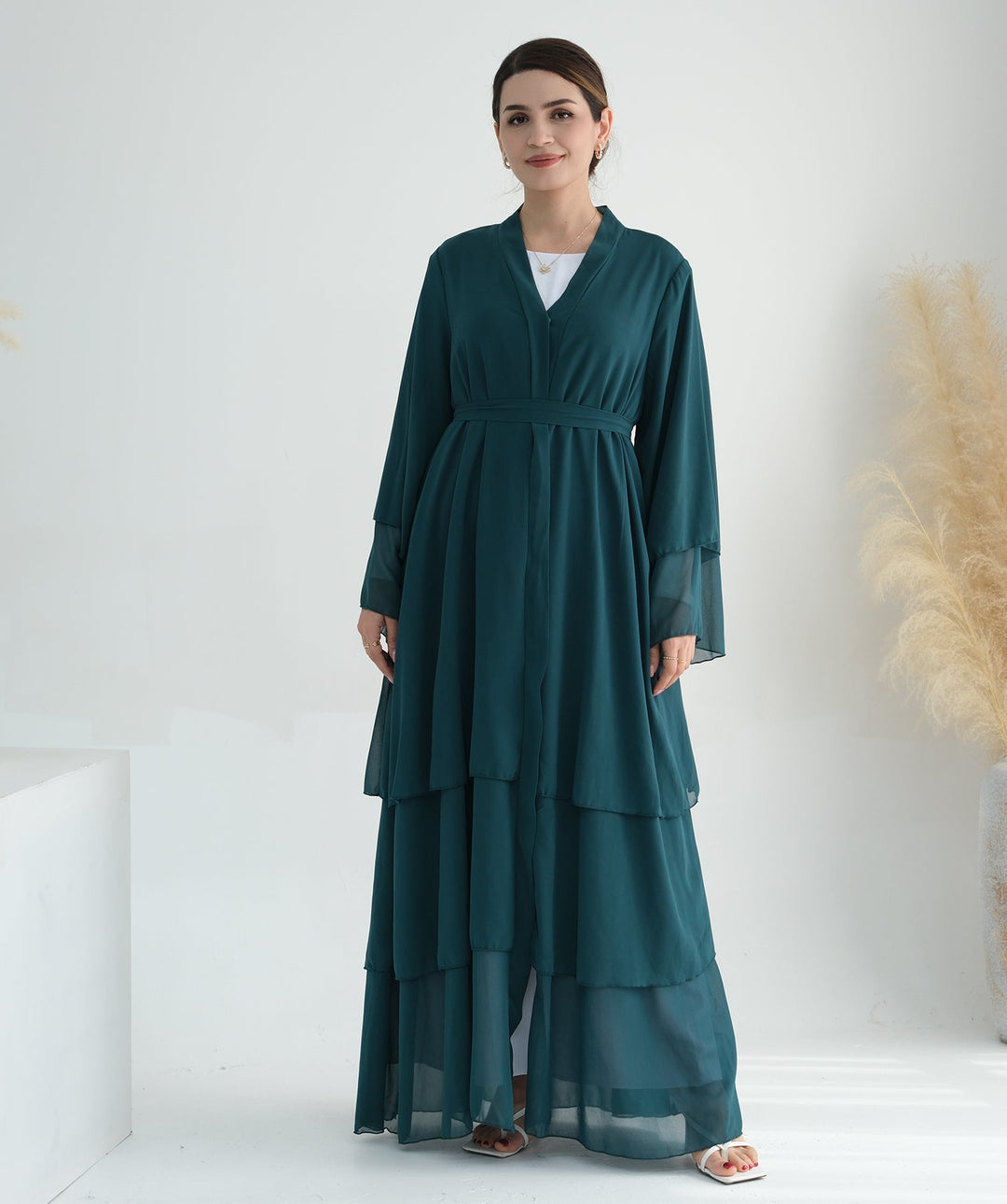 Get trendy with Zariah Layered Hem Chiffon Open Abaya - Teal - Cardigan available at Voilee NY. Grab yours for $69.90 today!