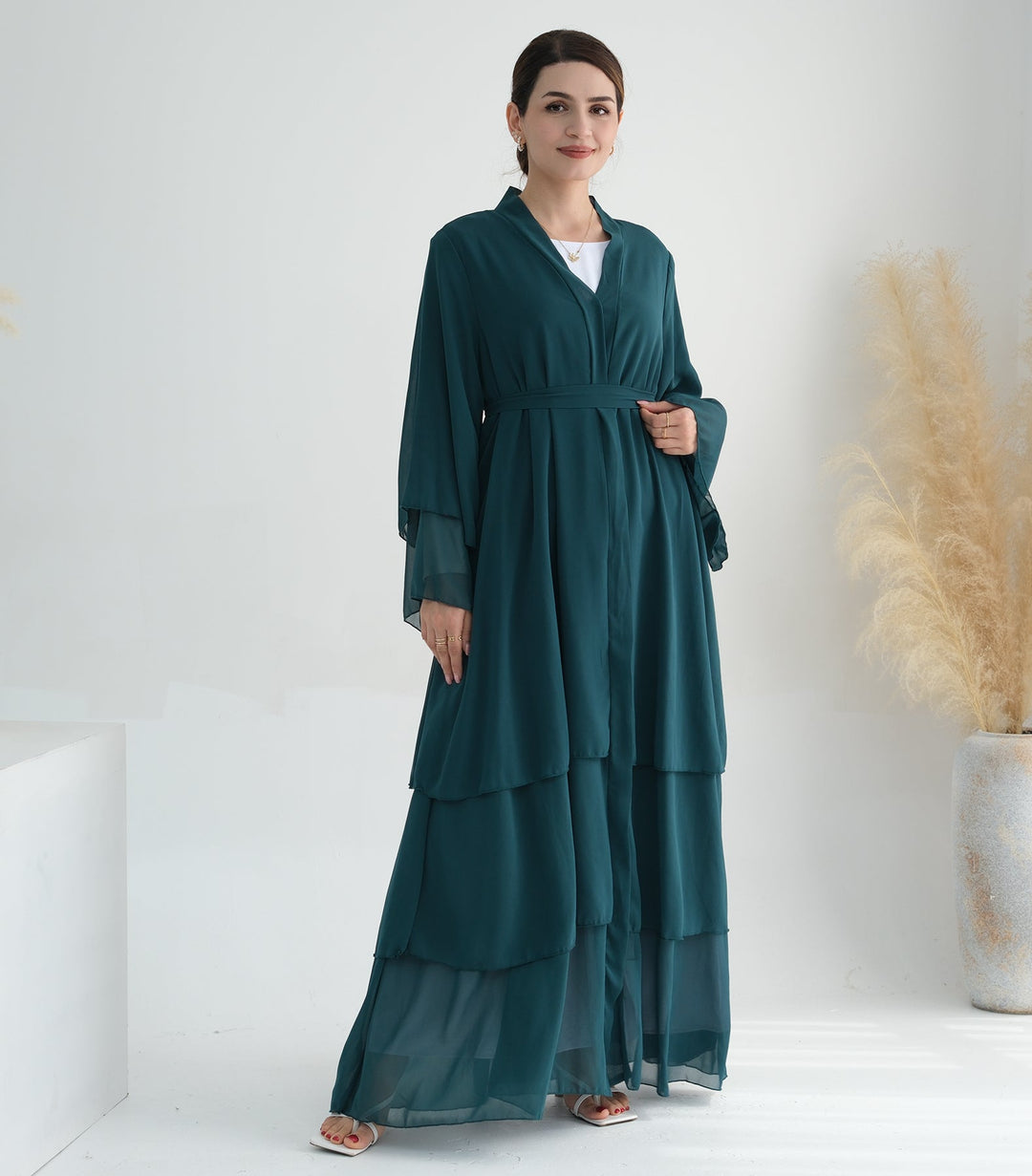 Get trendy with Zariah Layered Hem Chiffon Open Abaya - Teal - Cardigan available at Voilee NY. Grab yours for $69.90 today!