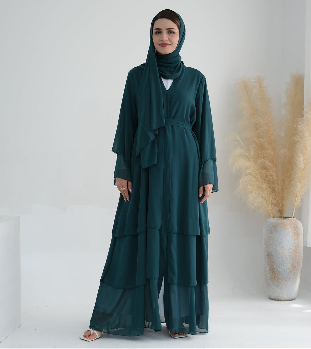 Get trendy with Zariah Layered Hem Chiffon Open Abaya - Teal - Cardigan available at Voilee NY. Grab yours for $69.90 today!