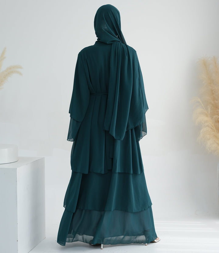 Get trendy with Zariah Layered Hem Chiffon Open Abaya - Teal - Cardigan available at Voilee NY. Grab yours for $69.90 today!