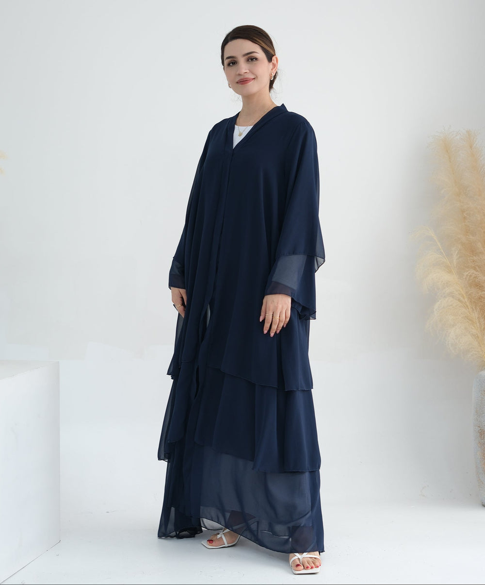 Get trendy with Zariah Layered Hem Chiffon Open Abaya - Navy - Cardigan available at Voilee NY. Grab yours for $69.90 today!