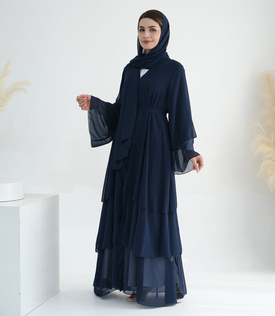 Get trendy with Zariah Layered Hem Chiffon Open Abaya - Navy - Cardigan available at Voilee NY. Grab yours for $69.90 today!