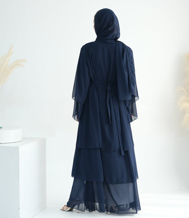 Get trendy with Zariah Layered Hem Chiffon Open Abaya - Navy - Cardigan available at Voilee NY. Grab yours for $69.90 today!