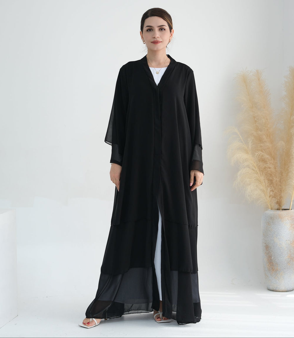 Get trendy with Zariah Layered Hem Chiffon Open Abaya - Black - Cardigan available at Voilee NY. Grab yours for $69.90 today!