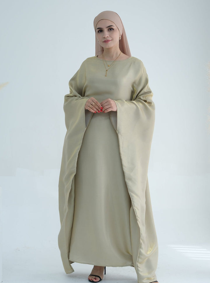 Get trendy with Yuna Shimmer Butterfly Abaya - Beige -  available at Voilee NY. Grab yours for $59.90 today!