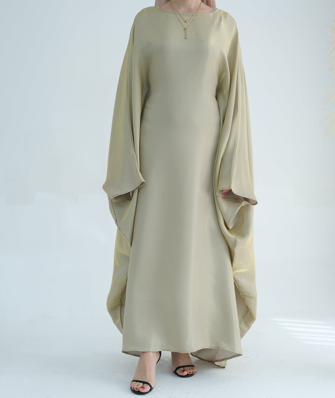 Get trendy with Yuna Shimmer Butterfly Abaya - Beige -  available at Voilee NY. Grab yours for $59.90 today!