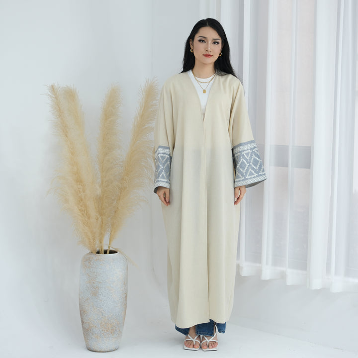 Get trendy with Rania Open Abaya Kimono - Sand - Cardigan available at Voilee NY. Grab yours for $49.90 today!