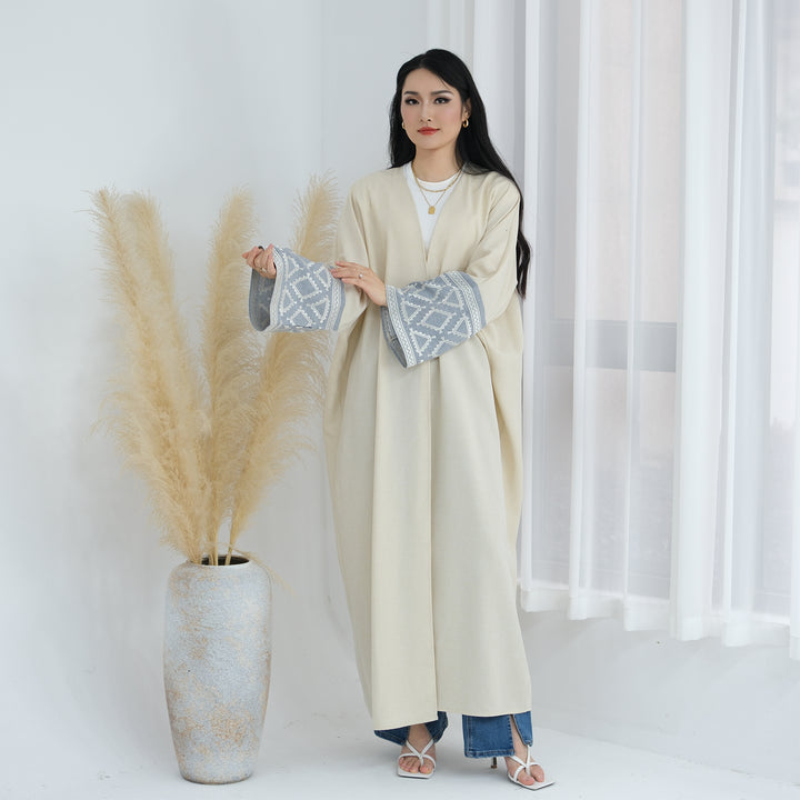 Get trendy with Rania Open Abaya Kimono - Sand - Cardigan available at Voilee NY. Grab yours for $49.90 today!